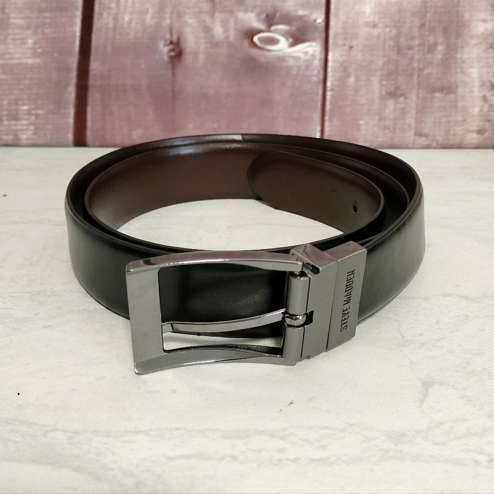 Steve Madden Black/Brown Reversible Sz 38 Belt Silver Buckle Classic Business